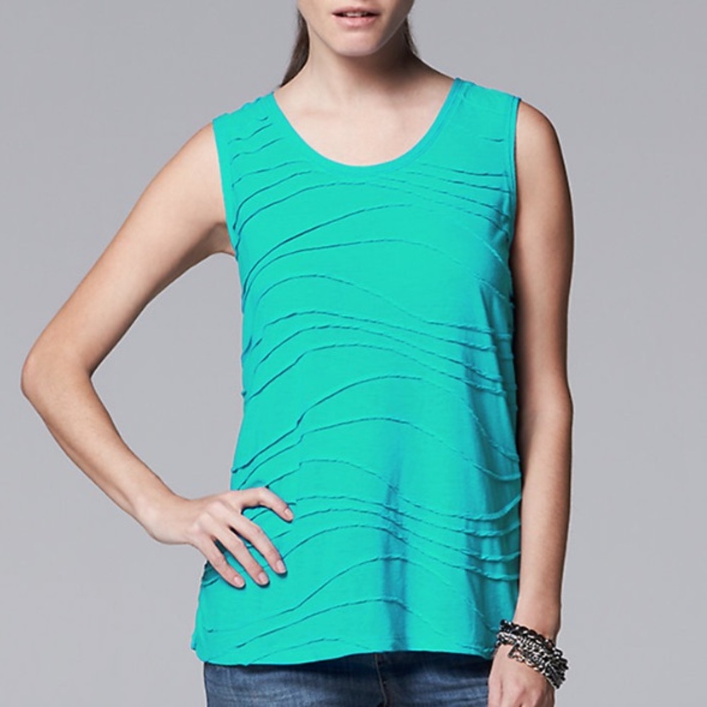 Vera Wang Jacquard Scoop Neck Teal Tank Top Md